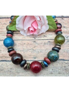 Chunky Statement Colorful Mixed Bead Beaded Collar Necklace 25" Boho Artisan